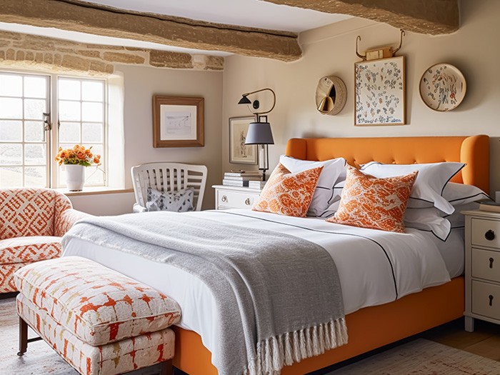 Bedroom with bright colored bedframe and accent furniture with three windows.